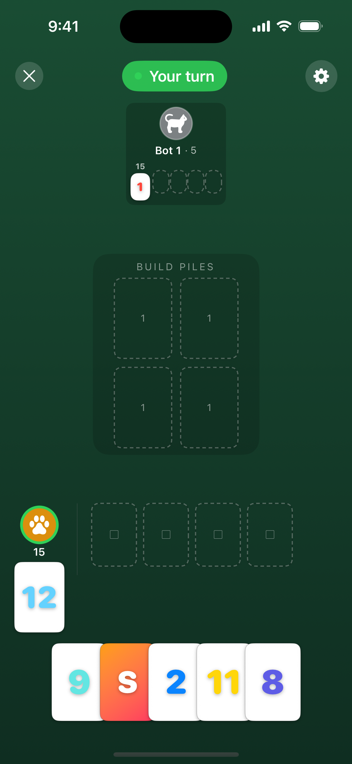 In-game showing build piles and hand