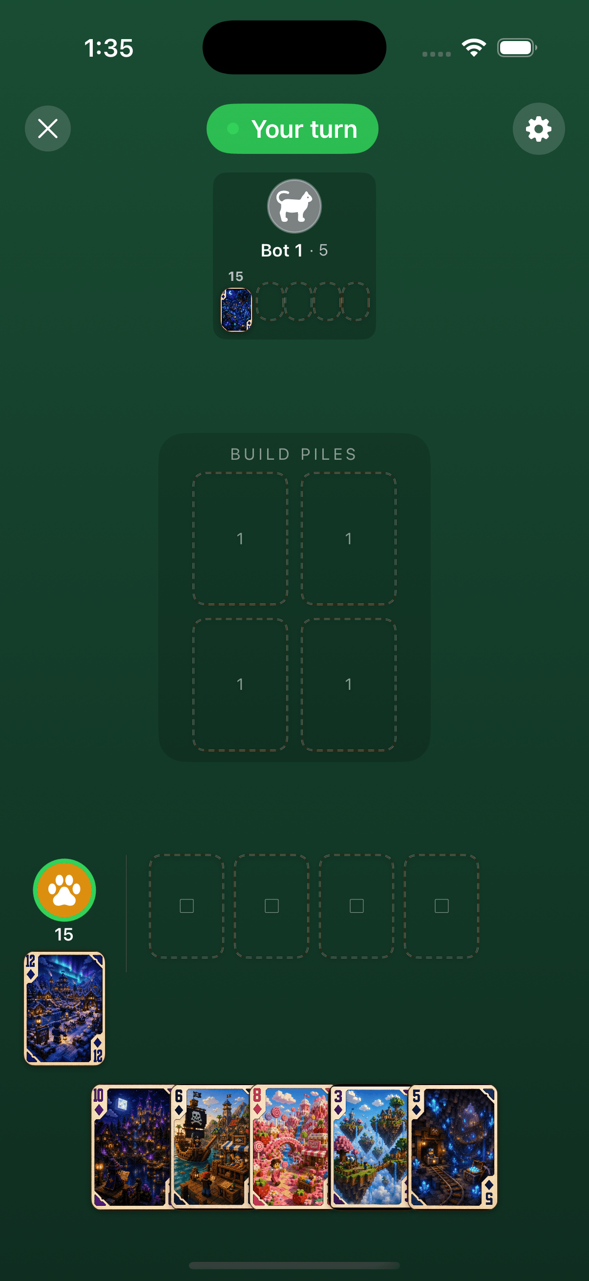 In-game showing build piles and hand