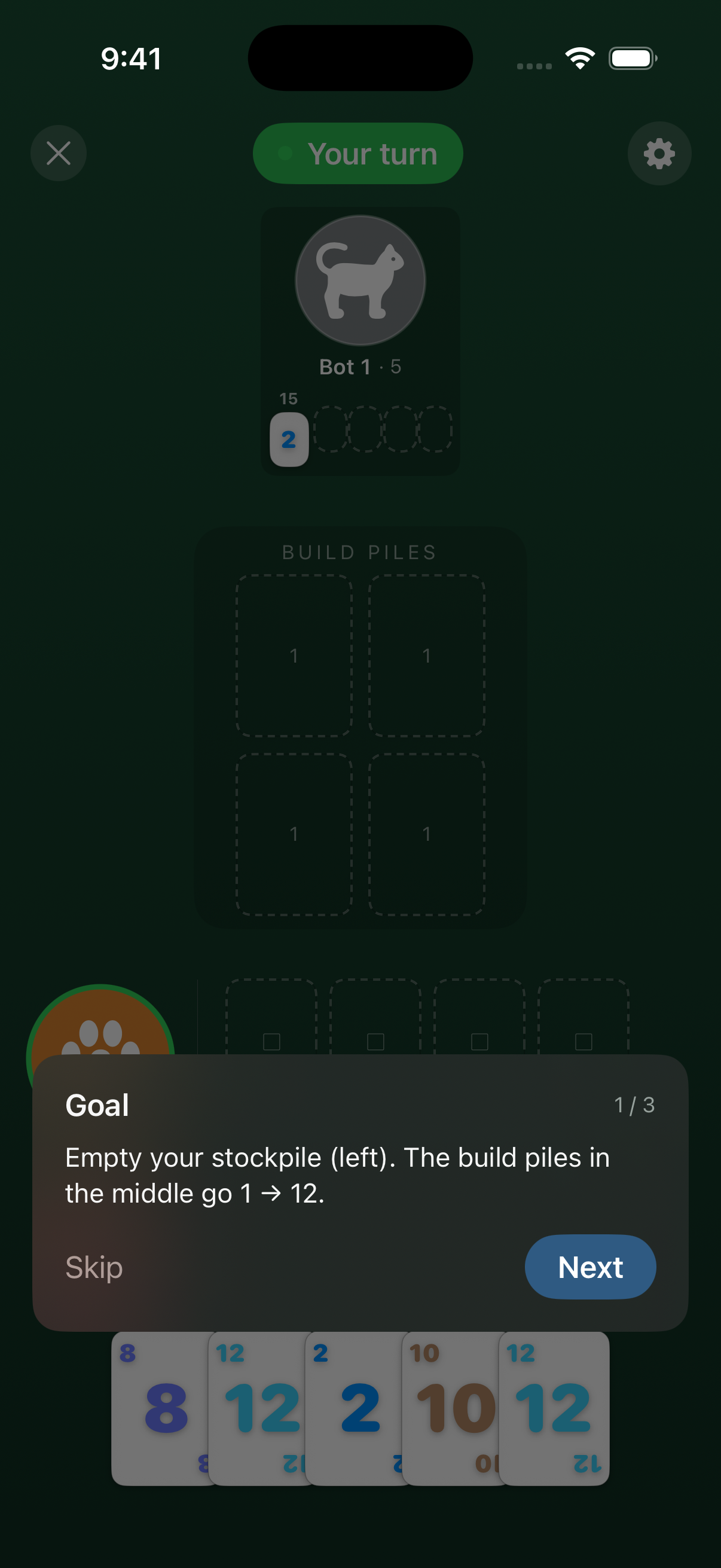 In-game showing build piles and hand