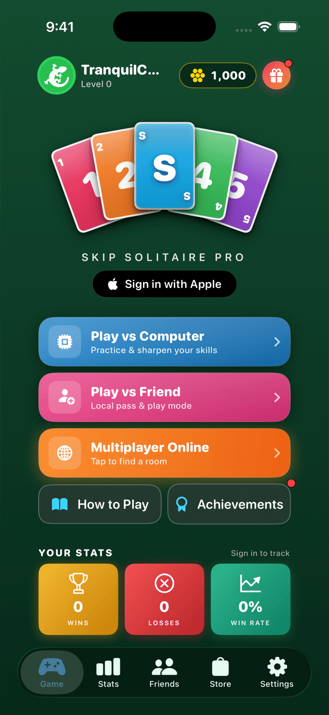 Skip Solitaire Pro home screen with card fan and your stats