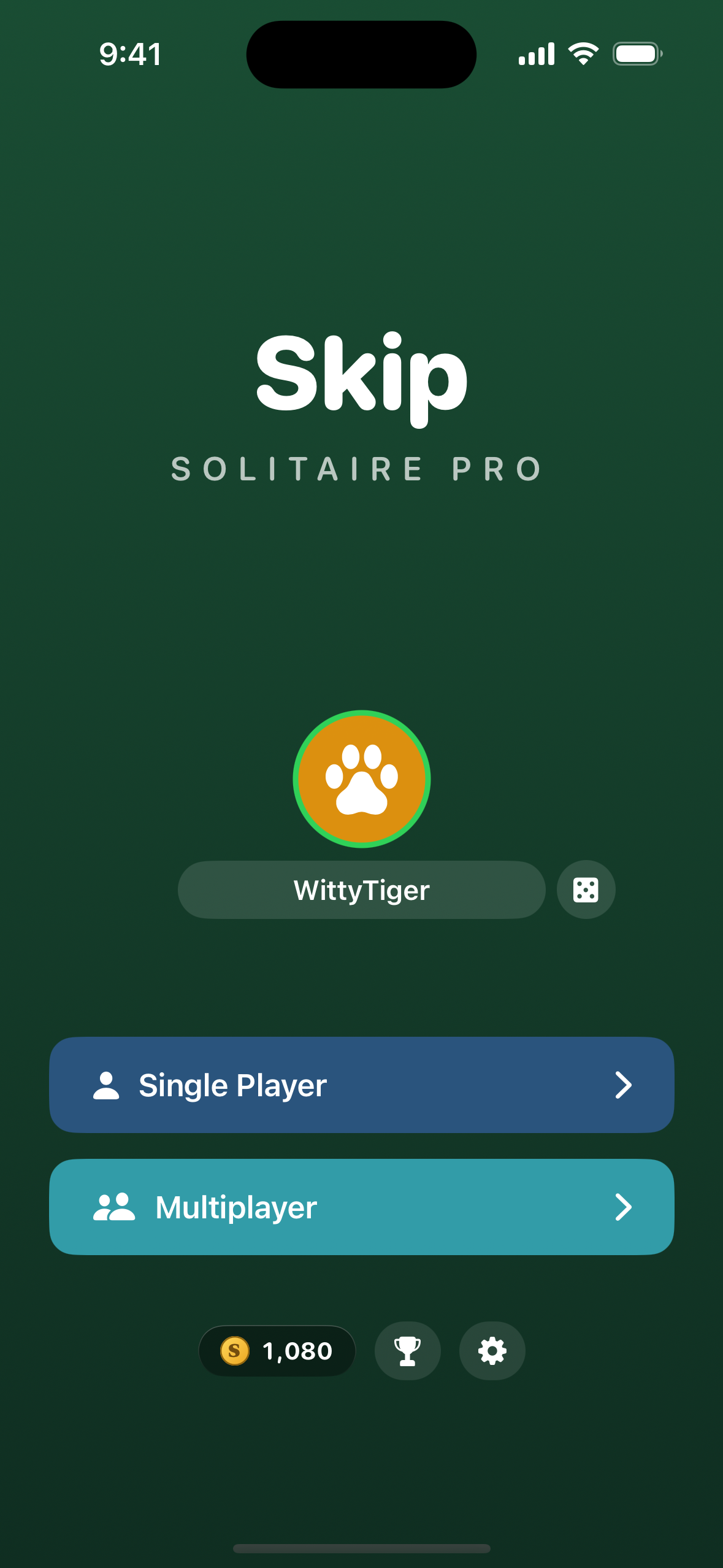 Skip Solitaire Pro main menu