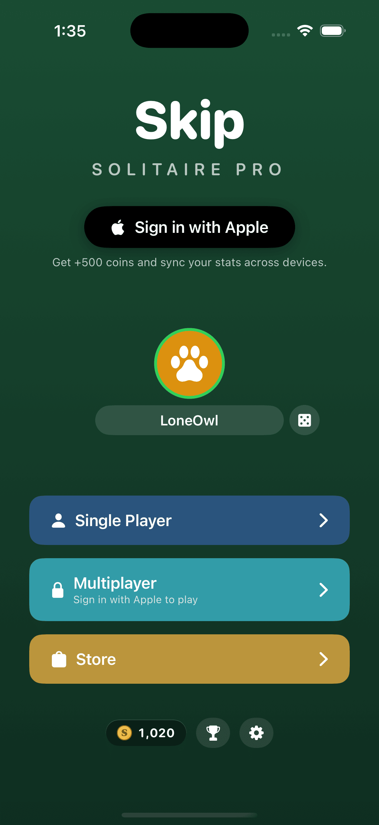 Main menu with coin balance