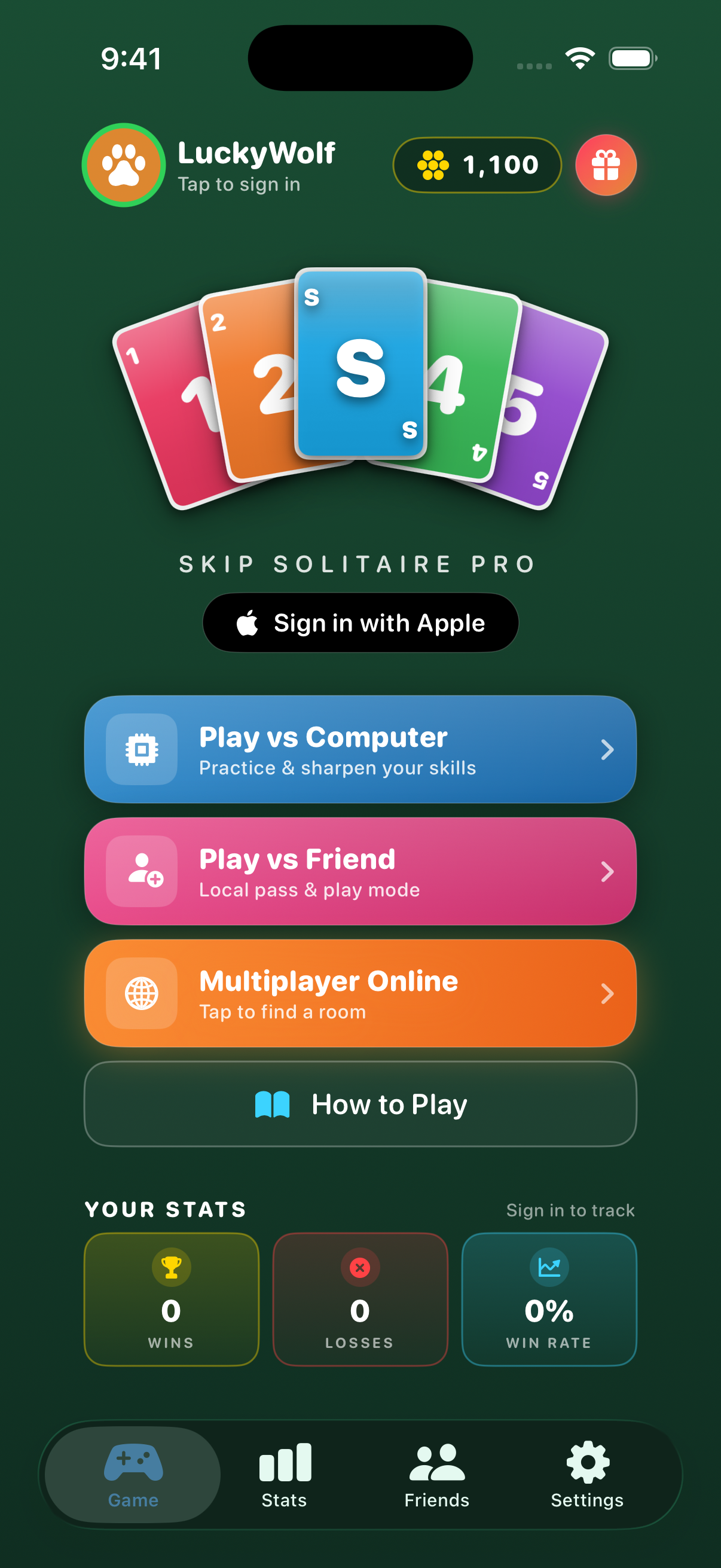 Main menu with coin balance