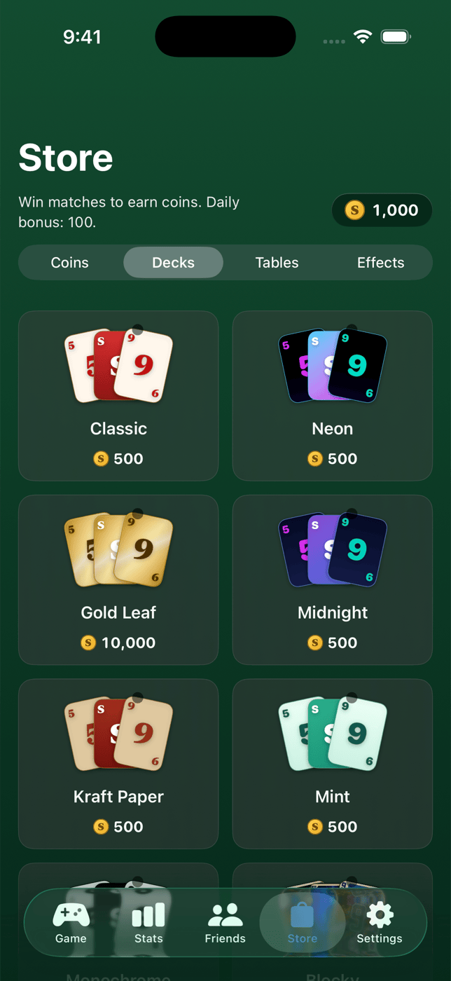 In-app store showing unlockable card deck skins
